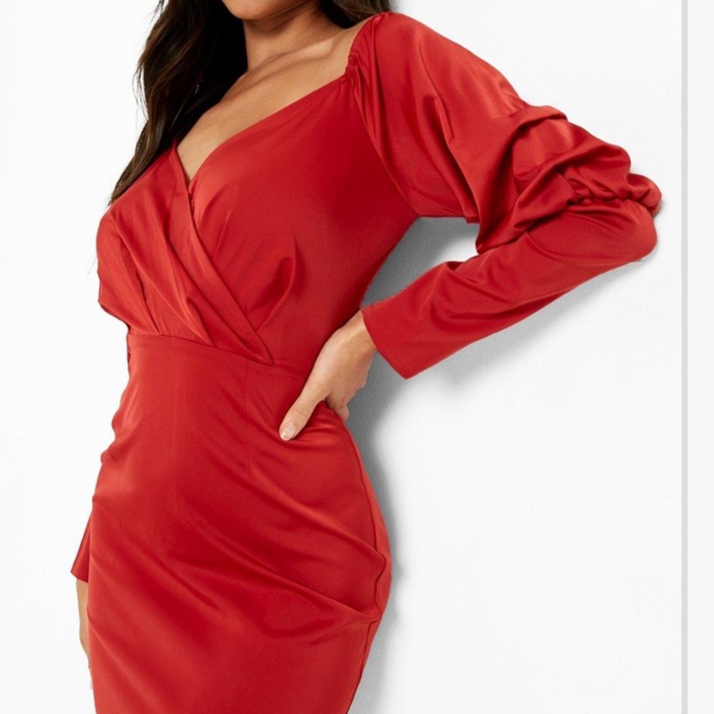 Boohoo Size US 2 - NWT Red Satin Off Shoulder Balloon Sleeve Mini Dress